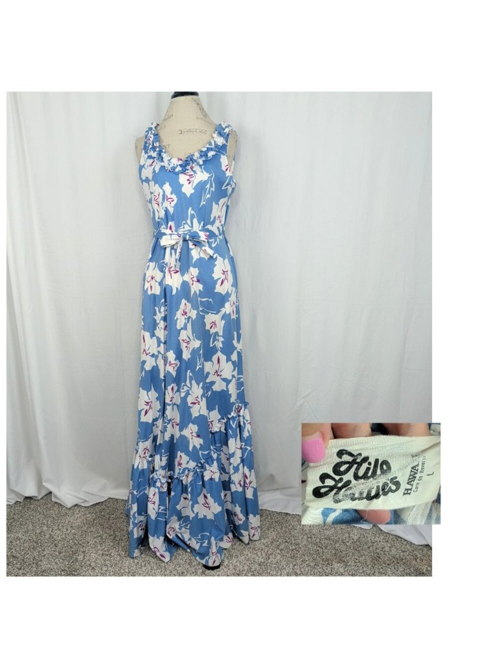 Vintage 90s Hilo Hattie Hawaiian Dress Large Blue Floral